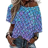 Ykklima Ombre Mermaid Teal Purple Fish Scale Pattern Womens Tops Sexy Off Shoulder Shirts Casual Short Sleeve T-Shirt