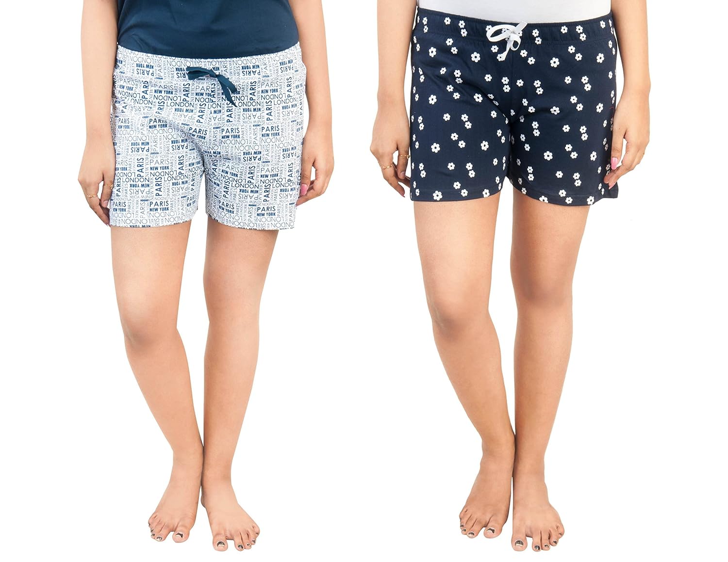 a9- women printed white, navy blue shorts - pack of 2