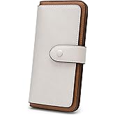RFID Blocking Leather Wallet for Women, Slim Trifold with 14 Card Slots and Zipper Pocket (White&Brown)