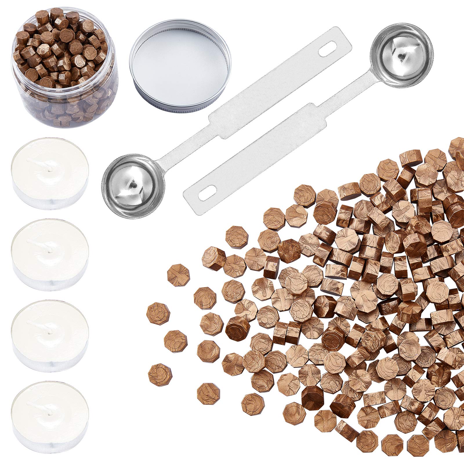 CRASPIRE 300 Pieces Octagon Sealing Wax Beads Sticks with 4 Pieces Tea Candles and 2 Piece Wax Melting Spoon for Wax Stamp Sealing (Bronze)