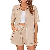 Blooming Jelly Womens 2 Piece Linen Sets Botton Down Shirt Drawstring Shorts Summer Beach Vacation Outfits Lounge Set(M,Khaki)