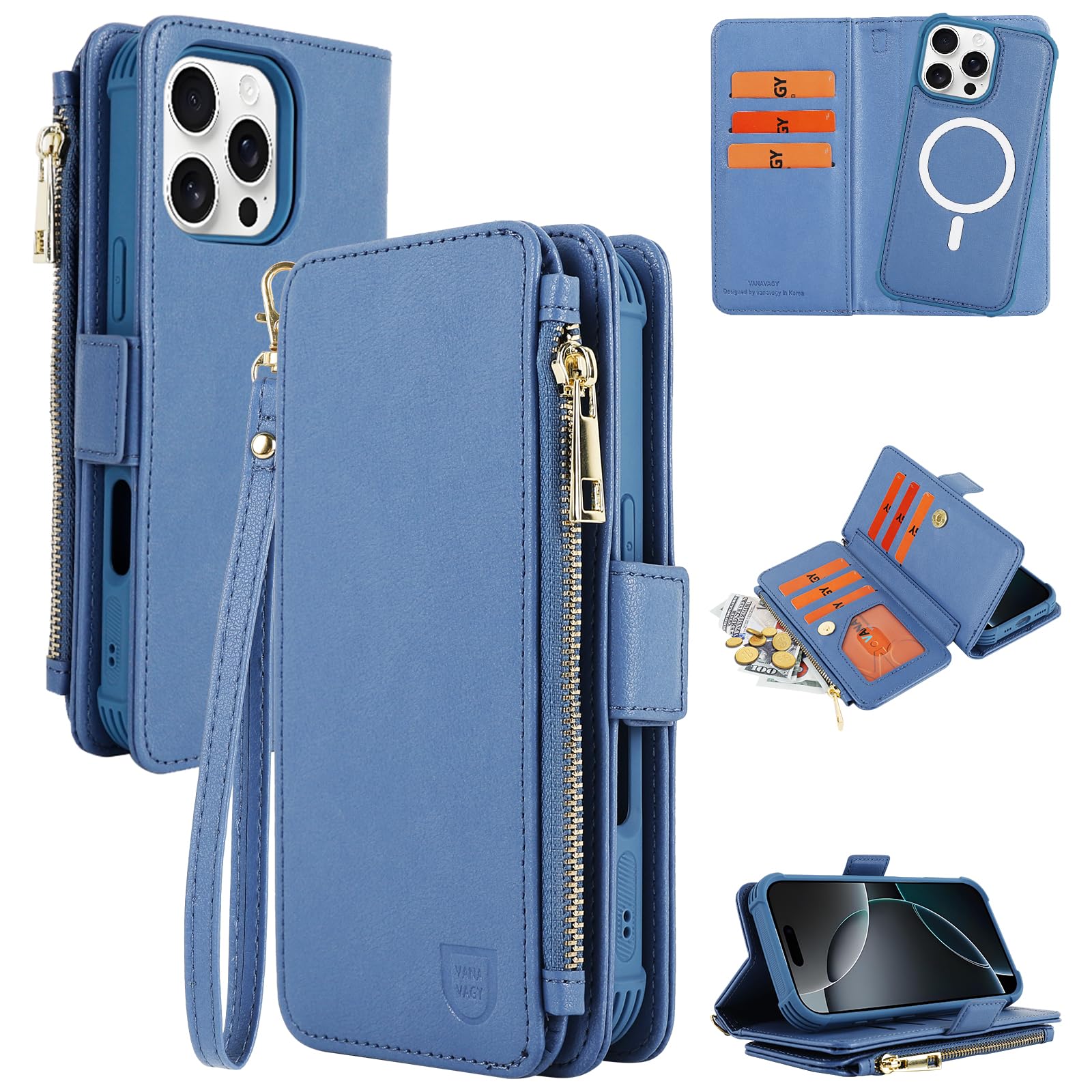 Photo 1 of VANAVAGY Compatible for iPhone 16 Pro Wallet Case with RFID Blocking Card Holder for Women Men, PU Leather Magnetic Strap Wallet Detachable Phone Case with Kickstand for 16 Pro 6.3inch,Blue