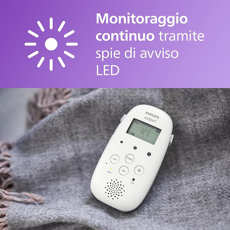 Philips Avent DECT Audio Baby Monitor luce notturna e ninne nanne, comunicazione bidirezionale, portata di 330 m, autonomia wireless fino a 18 ore, sensore di temperatura, audio nitido, SCD713/26