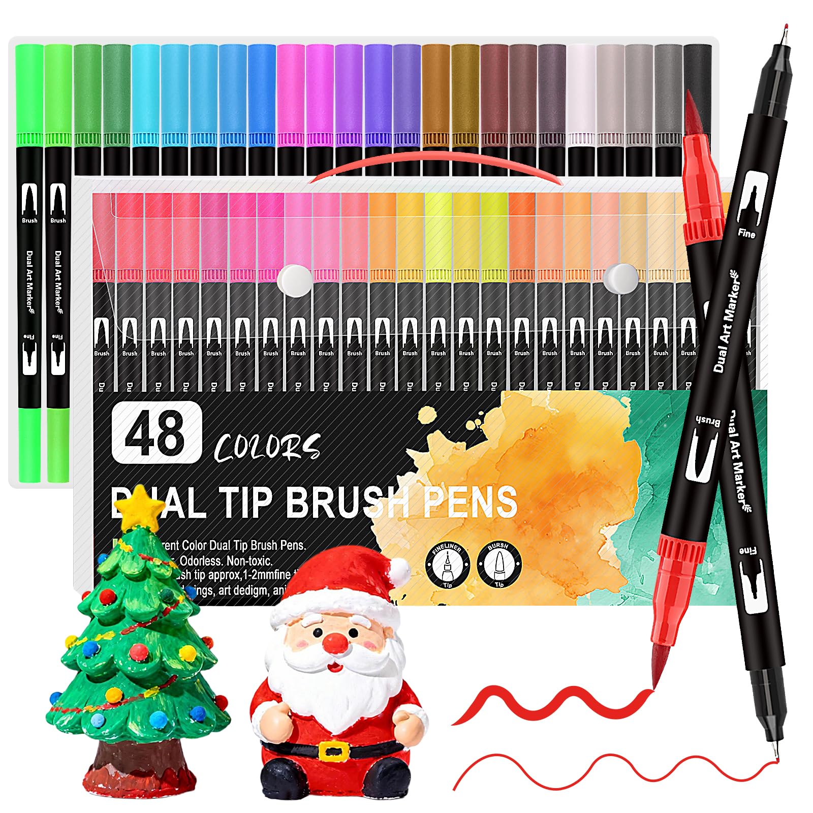 Funnasting Dual Tip Colouring Pens, 48 Colours Felt Tip Pens for Adults, Fineliners Brush Pens Art Markers for Colouring Books Drawing Painting Sketching