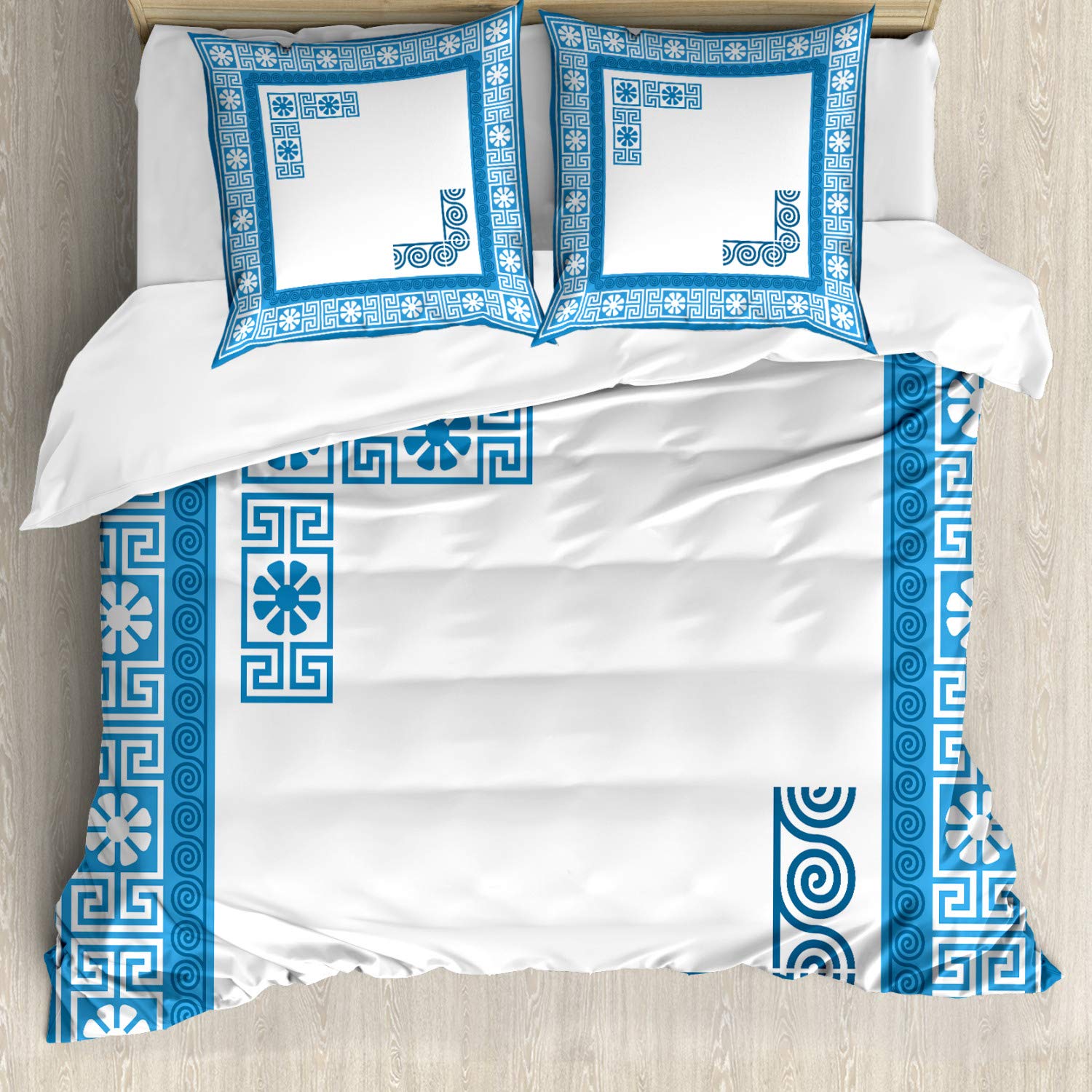 ABAKUHAUS Greek Key Duvet Cover Set, Frame Traditional Vintage Square White Flowers and Fret Pattern, Bedding Set 3 Pieces with 2 Pillow Shams, 155 cm x 220 cm, Blue White — image 1
