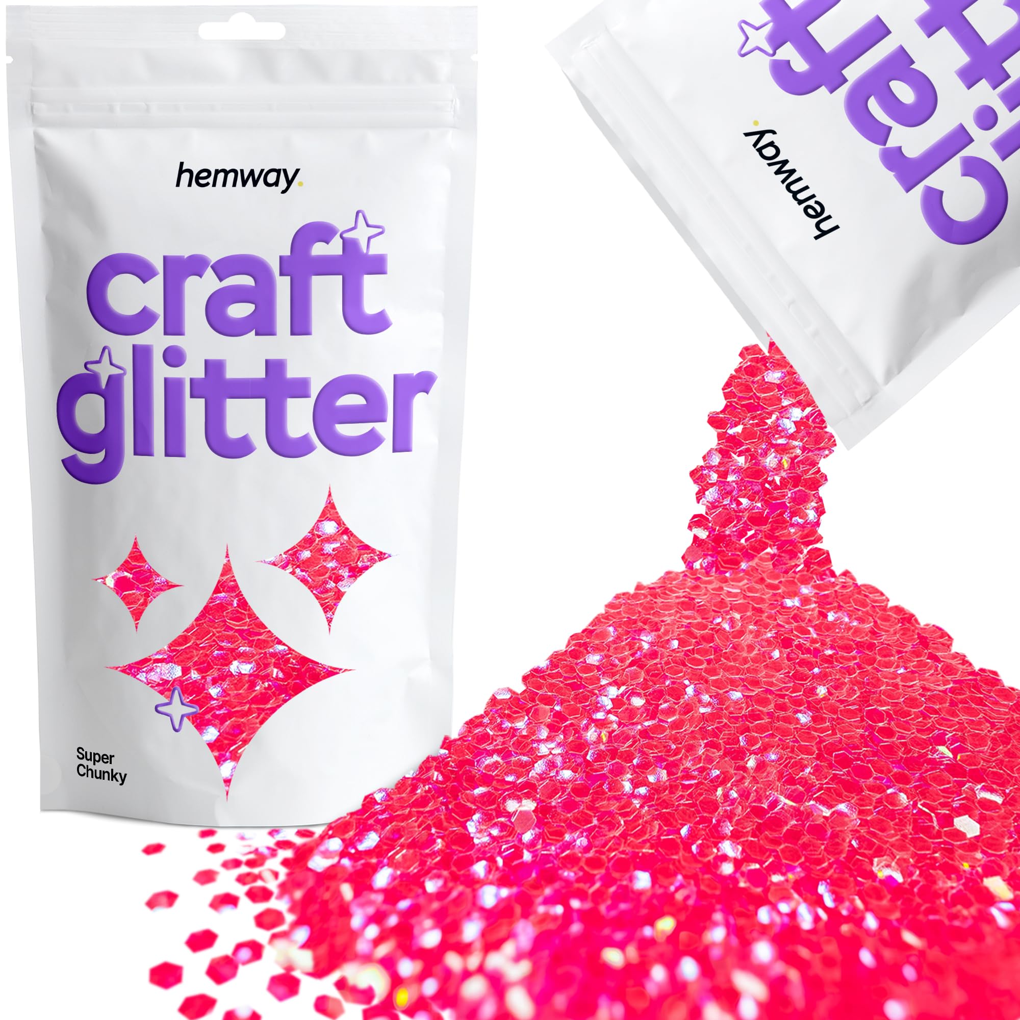 Hemway Craft Glitter Fluorescent UV Neon Pink 100g Super Chunky Glitter for Crafts, Resin, Cosmetic, Nail, Face, Body, Festival, Tumblers, Art, Candle, Crafting