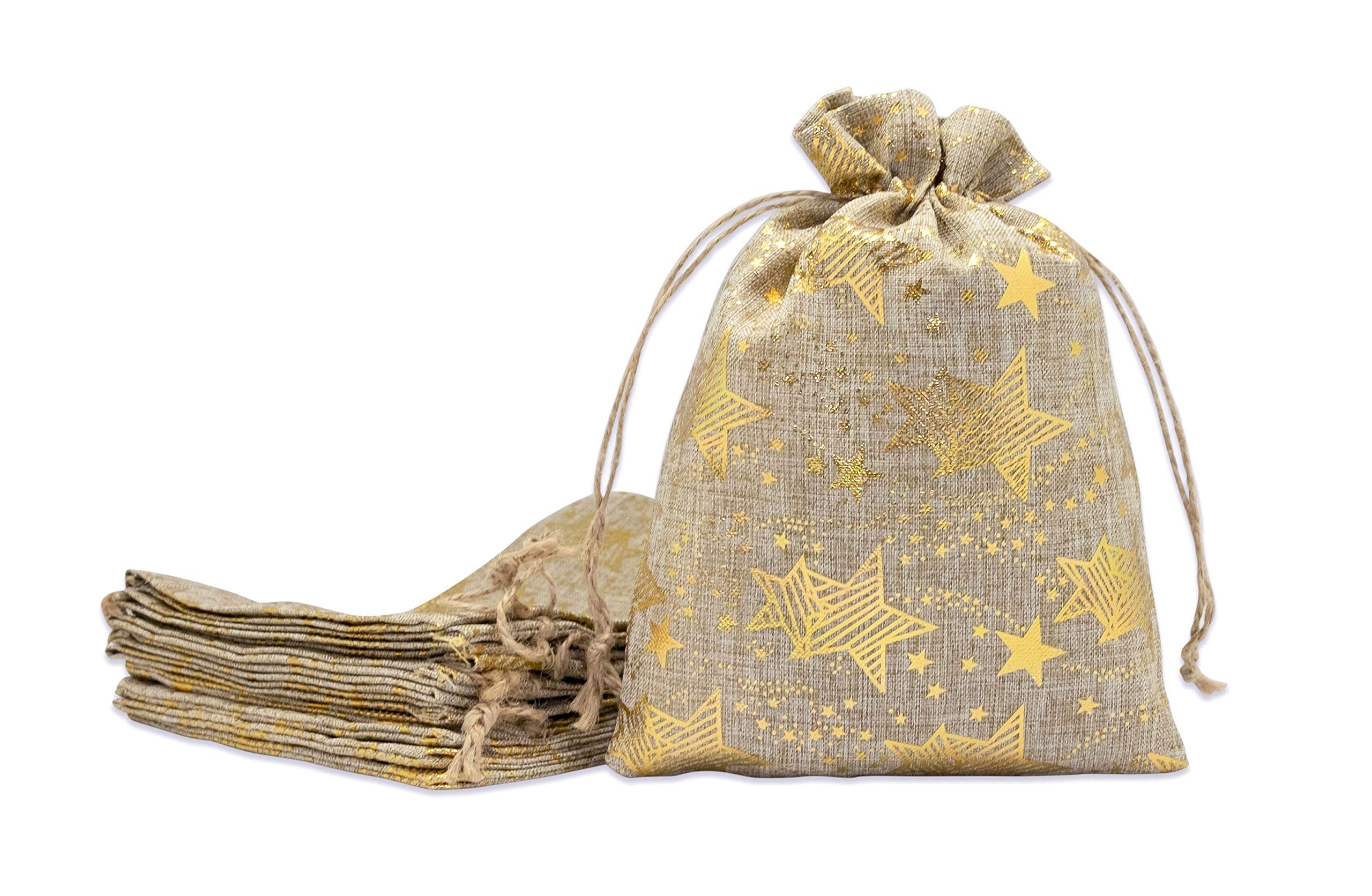 12-pack 12x16 Jute Burlap Canvas Gift Bags w/Drawstring (Golden Stars, X-Large) - for Presents, Party Favors, Retail, Samples by TheDisplayGuys