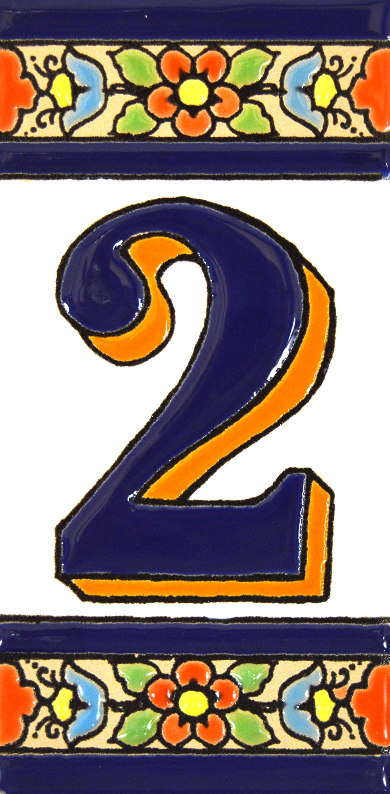 House numbers 4 inch. Handpainted house number tiles for signs, addresses and names. Address numbers for houses. House address numbers and letters. Design FLORES MEDIANO 4,29" x 2,13" (NUMBER 2) — image 1