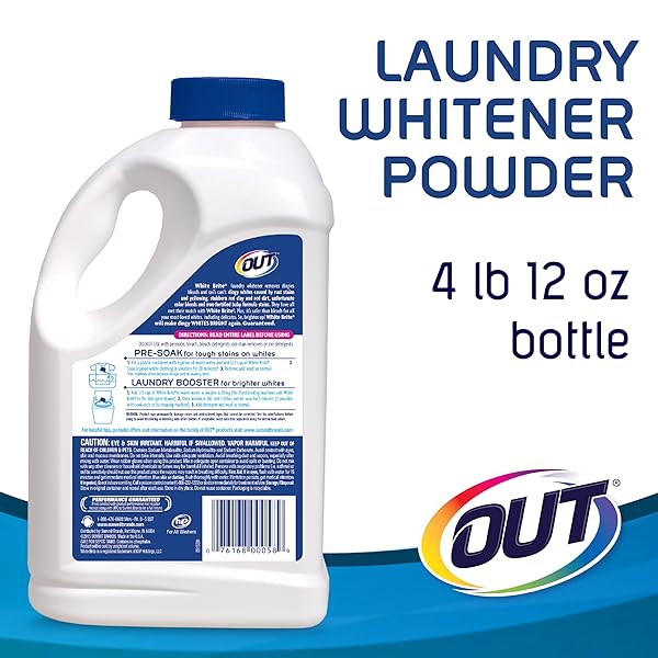 OUT WHITE BRITE LAUNDRY WHITENER BLEACH ALTERNATIVE, STAIN REMOVER DETERGENT BOOSTER POWDER FOR CLOTHES, 4 POUND 12 OUNCE BOTTLE
