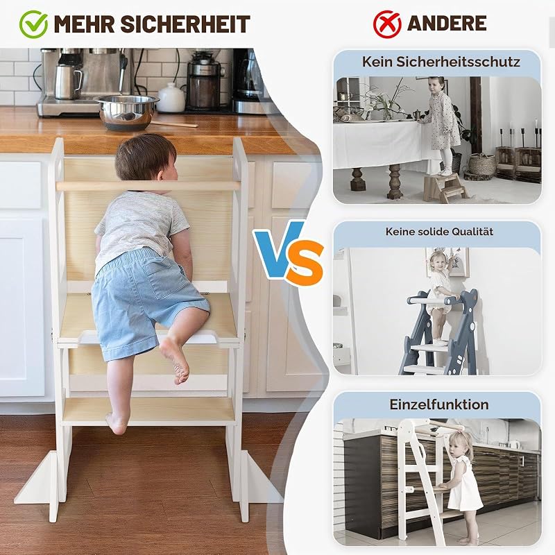Lernturm ab 1 Jahr, Montessori Learning Tower mit Tafel, 3 in 1 Multifunktion Lernturm Klappbar, Umkippschutz Farbblockiertes Tritthocker Kinder-Weiß&Holz