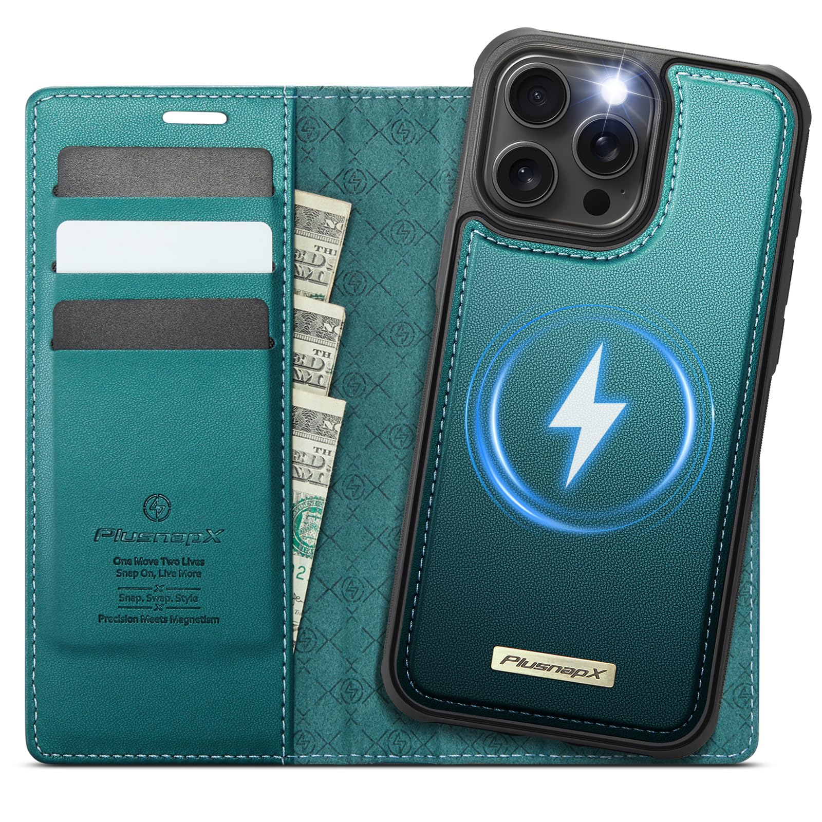 Photo 1 of PlusnapX Wallet Case for iPhone 15 Pro Max Compatible with Magsafe, 2-in-1 PU Leather Flip RFID Blocking Card Holder Stand Shockproof Magnetic Detachable Cover for iPhone 15 Pro Max 6.7", Bluegreen