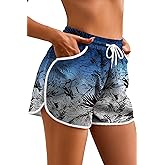 NILOINE Women's Drawstring Board Shorts Floral Beach Swimming Shorts Summer Sports Swim Trunks Swimsuit Bottoms with Pockets