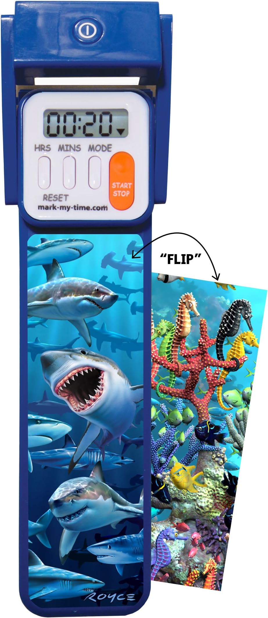Mark-My-TimeDigital Bookmark and LED Book Light - Timer and Bookmark for Kids with LED Book Light, Cool Bookmarks and Reading Incentives, Christmas Gift & Stocking Stuffer - 3D Flip Shark/Reef