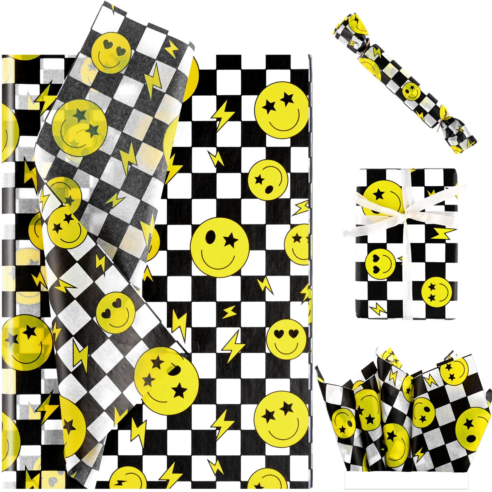 Photo 1 of 100 Sheets One Happy Dude Tissue Paper for Gift Bags, Black Yellow Smiley Faces Lightning Printed Wrapping Tissue Paper for Baby Shower Birthday Party DIY Crafts