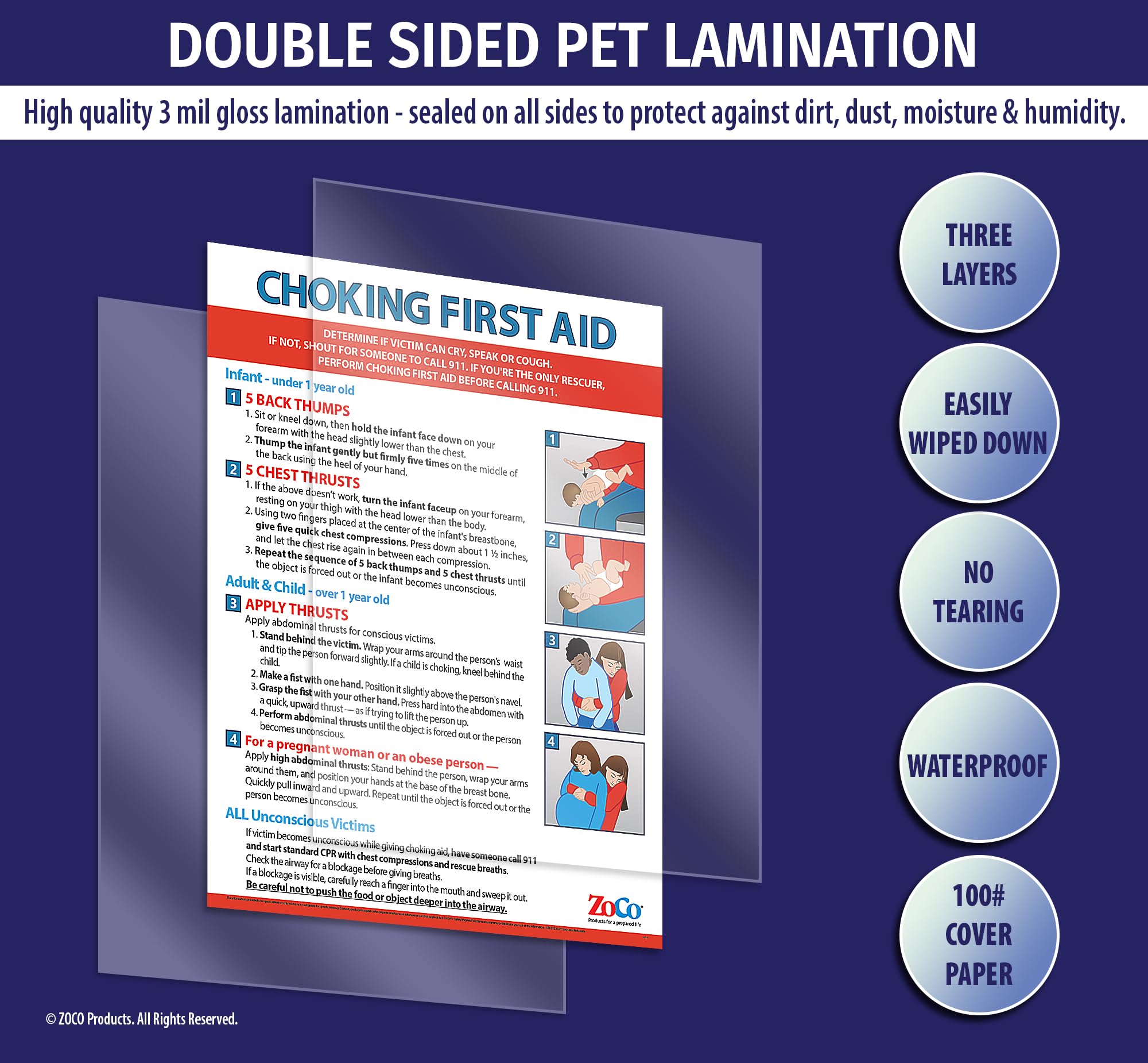 Choking Poster for Infant, Child, Adult - Laminated, 17 x 22 - Heimlich Maneuver Posters for Restaurants, Workplace, School Nurse Office - First Aid for Choking