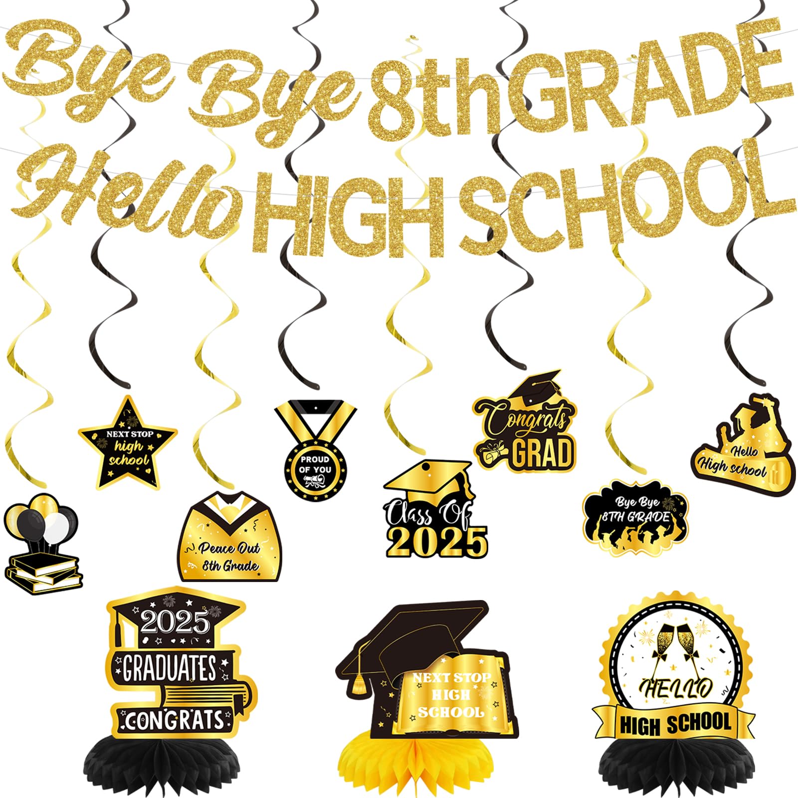 Photo 1 of 8TH Grade Graduation Decorations 2025 Bye Bye 8th Grade Hello High School Banner 8th Grade Graduation Hanging Swirls Eighth Grade Grad Honeycomb Centerpieces for 8TH Grade Grad Party Supplies