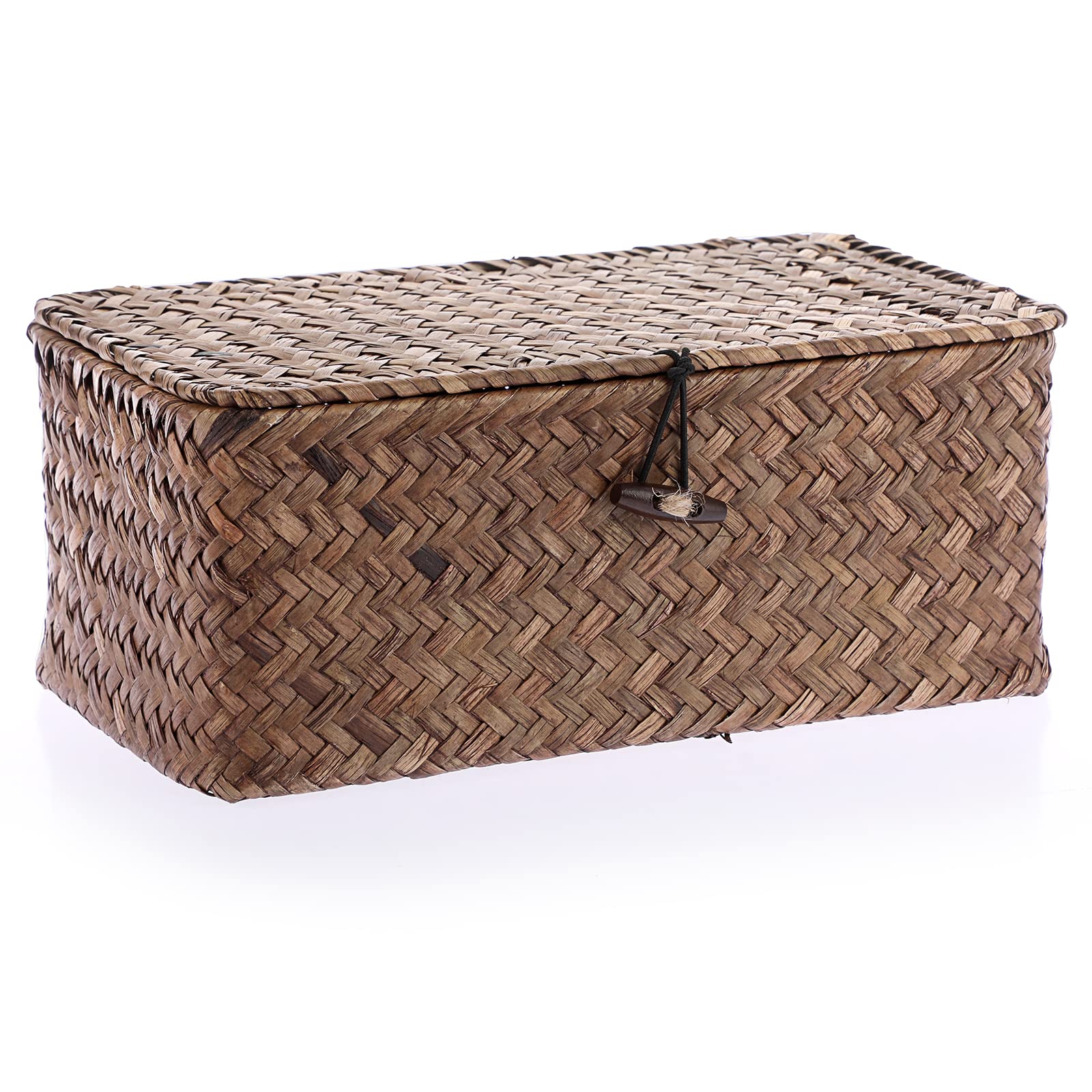 IGNPION Seagrass Storage Basket with Lid Woven Seagrass Desktop Basket Rectangular Bathroom Storage Organiser Box, Shelves & Desks Decorative Basket Multipurpose storage Hamper (Coffee, XS) — image 1