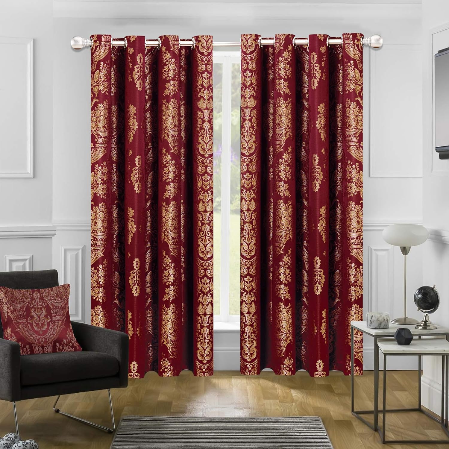 Luxury Jacquard Curtains Pair Fully Lined Ring Top With Free Tie Backs