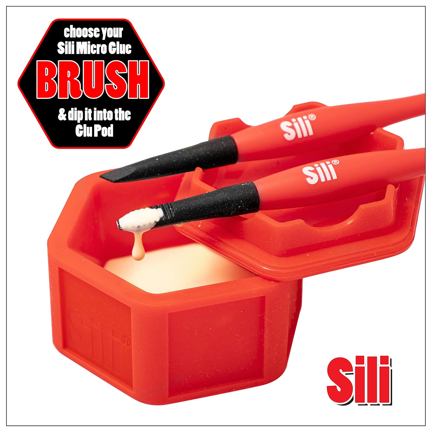Sili Glue Pod and 3 Sili Micro Glue Brushes with Multi Purpose Sealable Lid/Glue Brush Holder • Fine Tip • Chiseled Tip and Flat Tapered Tip Brushes for Arts • Crafts • Models and Woodworking: Industrial & Scientific