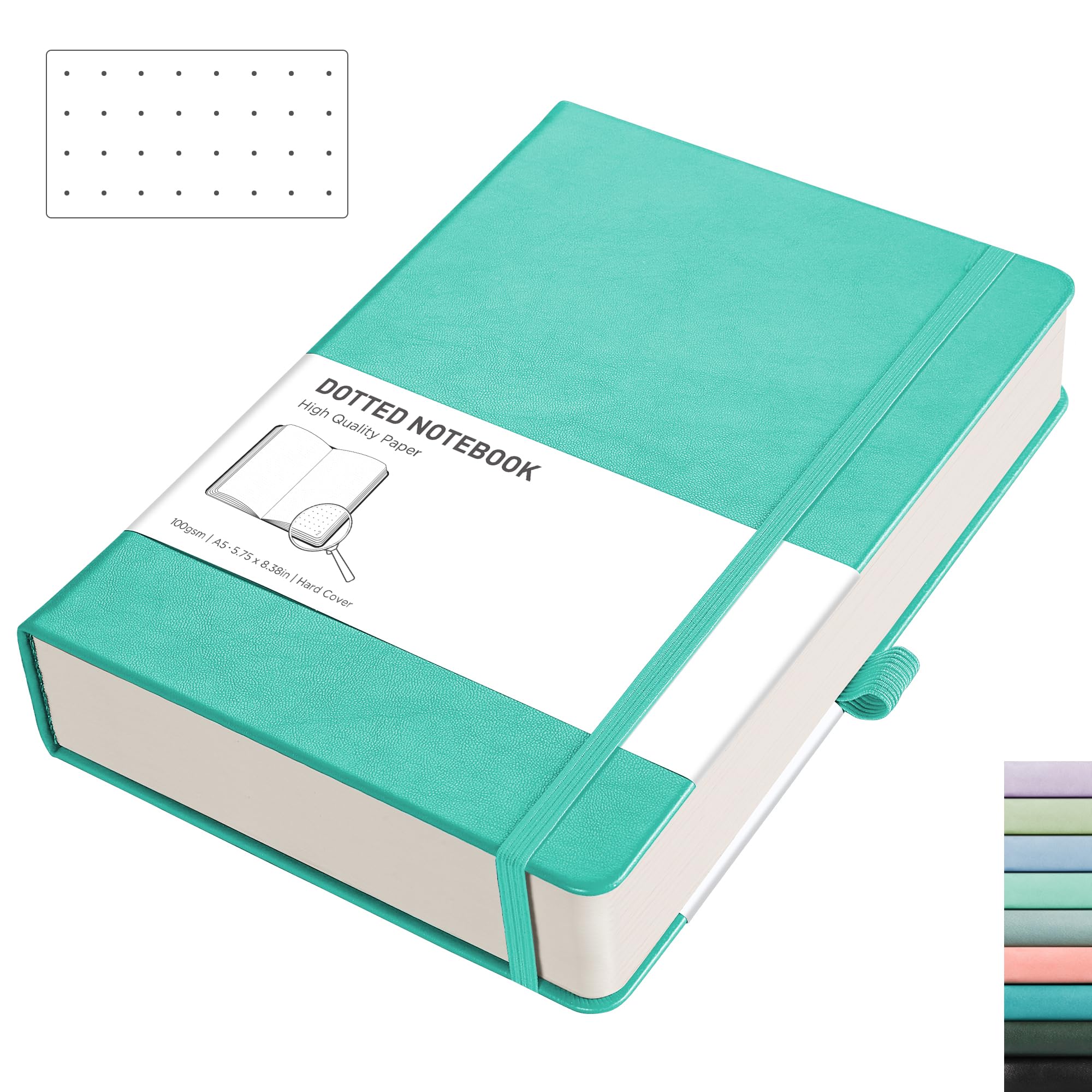 RETTACY A5 Bullet Dot Grid - Dotted Notebook With 320 Numbered Thick Journal Leather Hardcover 100gsm Paper Pen Holder, Inner Pocket, 2 Free Journal Stencils 14.5 x 21cm - Mint Green