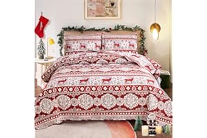 GREEN ESSEN Red Gray Christmas Reindeer Bedding Bedspread Full/Queen Size Lightweight Thin Portable Quilts Set Moose Snowflake Xmas Coverlet Blanket Bed Cover with 2 Standard Pillowcases