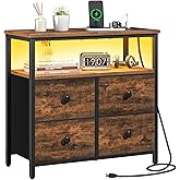 Yoobure Night Stand with Charge Station, Nightstand with 4 Drawers Bedside Table, LED Dresser with Storage Shelf, Night Stands for Bedroom, Side Table 3-Tier Wood End Table for Home Rustic Brown