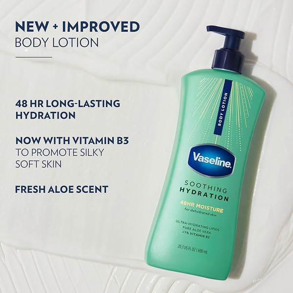 VASELINE INTENSIVE CARE BODY LOTION FOR DRY SKIN SOOTHING HYDRATION LOTION MADE WITH ULTRA-HYDRATING LIPIDS + 1% ALOE VERA EXTRACT TO REFRESH DEHYDRATED SKIN 20.3 OZ, PACK OF 3 (PACKAGING MAY VARY)