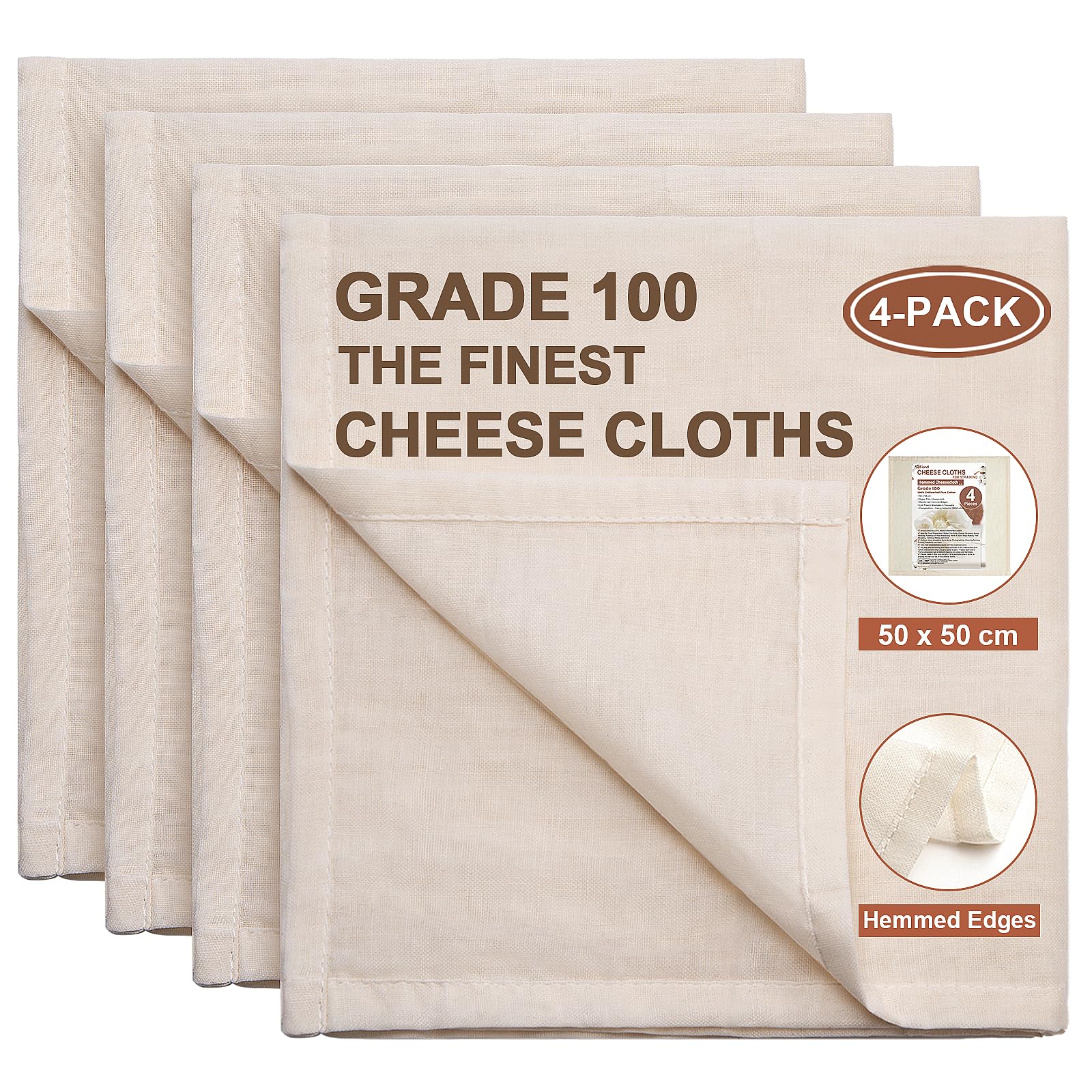 eFond 4-Pack Cheese Cloths for Straining, 50x50cm Squares with Hemmed Edges, Grade 100 Ultra Fine Reusable Muslin Cloths, Unbleached Cotton Cheesecloth for Nut Milk, Butter, Baking & Cooking
