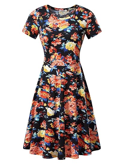 huhot women short sleeve round neck summer casual flared midi dress