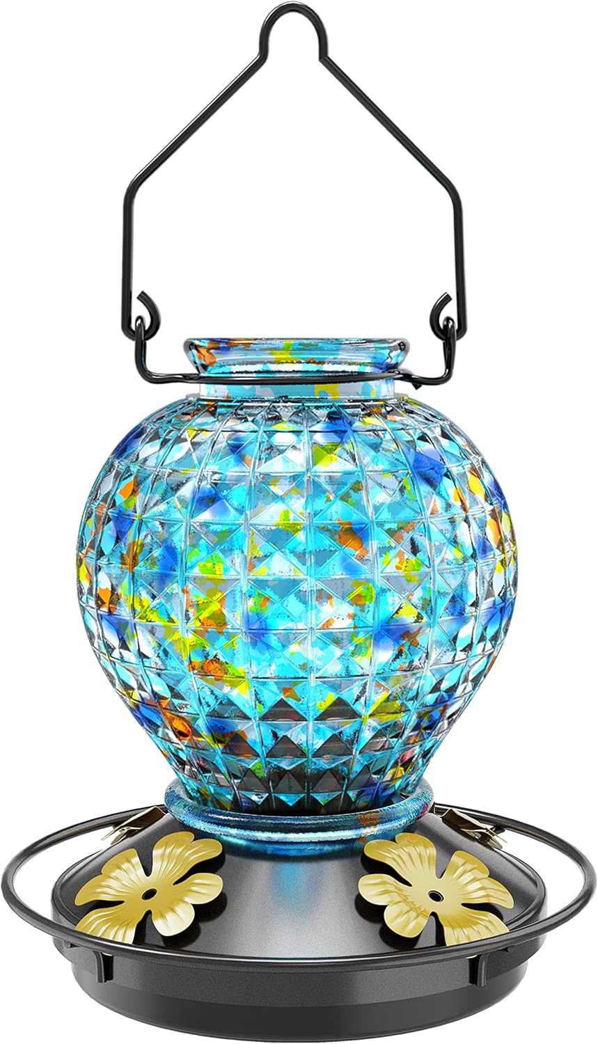 Backyard Birding & Wildlife - Hummingbird Feeder, Glass Hummingbird Feeder for Outdoors, Vibrant Colors Attract Hummingbirds, 18 Ounces, Diamond Ball Shape Bottle