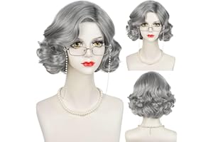 Old Lady Wig + Glasses + Necklace + Wig Cap Set, Short Curly Gray Old Lady Costume Wig Grey Granny Wig Grandma Wig for Women 