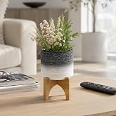 Modern Ceramic Planter with Wooden Stand &ndash; Stoneware Plant Pot Holder, Stylish Indoor &amp; Outdoor Home Decor for Living Room, Bedroom, Office, or Garden, Plant Stand Indoor &ndash; 6", Gray &amp; White