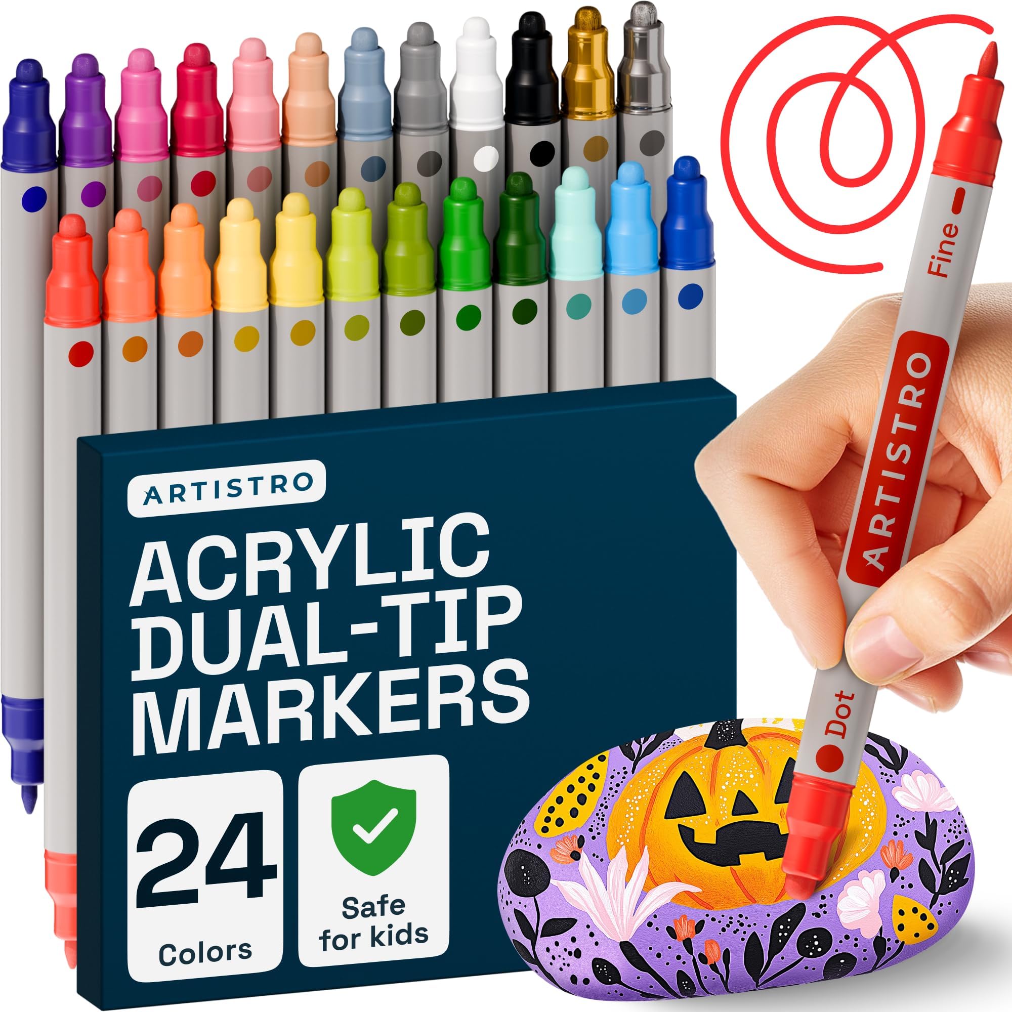 ARTISTRO 24 Acrylic Paint Markers for Rock, Fabric, Wood, Glass, Craft, Decoration - Dual-Tip Paint Pens - Stocking Stuffers, Christmas Gift Idea for Teens, Grandkids, Kids - Art Supplies