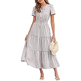 Caracilia Womens Summer Maxi Dresses 2026 Spring Casual V Neck Short Sleeve Gingham Flowy A-Line Beach Vacation Party Dress