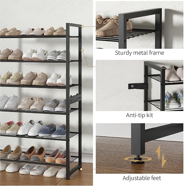 TIFFLOI STACKABLE SHOE RACK, 6 TIER METAL SHOES RACK STORAGE ORGANIZER,LARGE CAPACITY SHOE SHELF MAX HOLDS 30 PAIRS OF SHOES,STURDY AND STABLE, FOR CLOSET, ENTRYWAY,GARAGE，BLACK