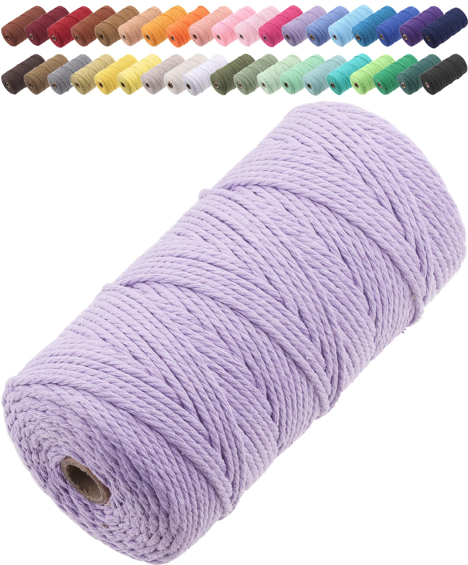 GOHOF Macrame Cord 3mm x 150m Premium Cotton Macrame Rope, 4 Strand Twisted Soft Cotton Cord, One of The Most Perfect Materials for Macrame Art, Cotton String Without Chemicals (Light Purple)