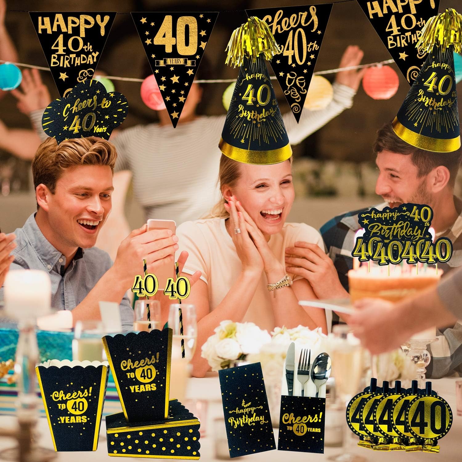 40th birthday decorations gold hats - cone hats with gold glitter cardstock, black gold theme 40th birthday party supplies. 40th birthday party favors. 6 Count: Clothing