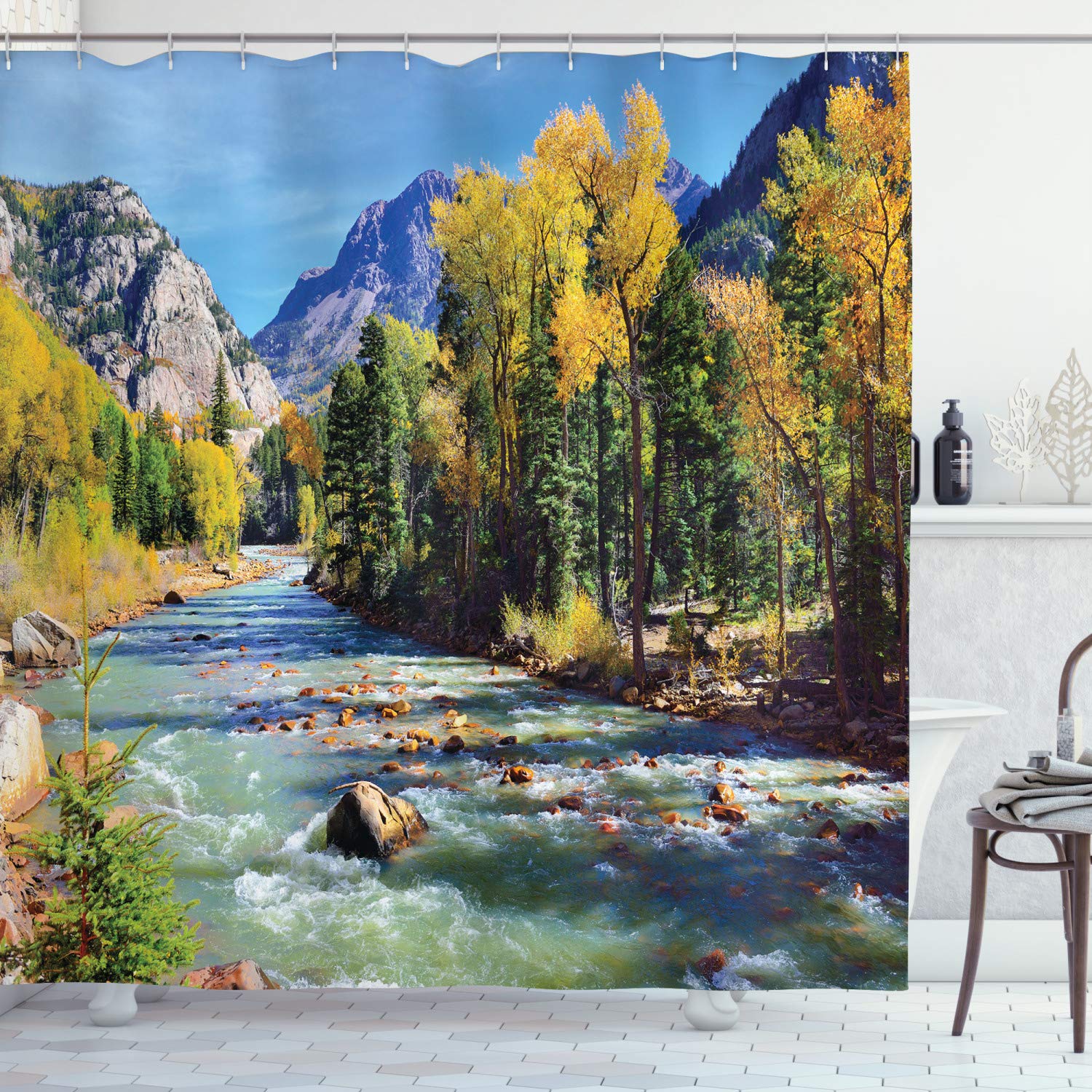 ABAKUHAUS Landscape Shower Curtain, Mountains of Colorado with Forest and River Summer Foliage Idyllic Photo, Cloth Fabric Bathroom Decor Set with Hooks, 86 Inches Extra Long, Multicolor โ image 1