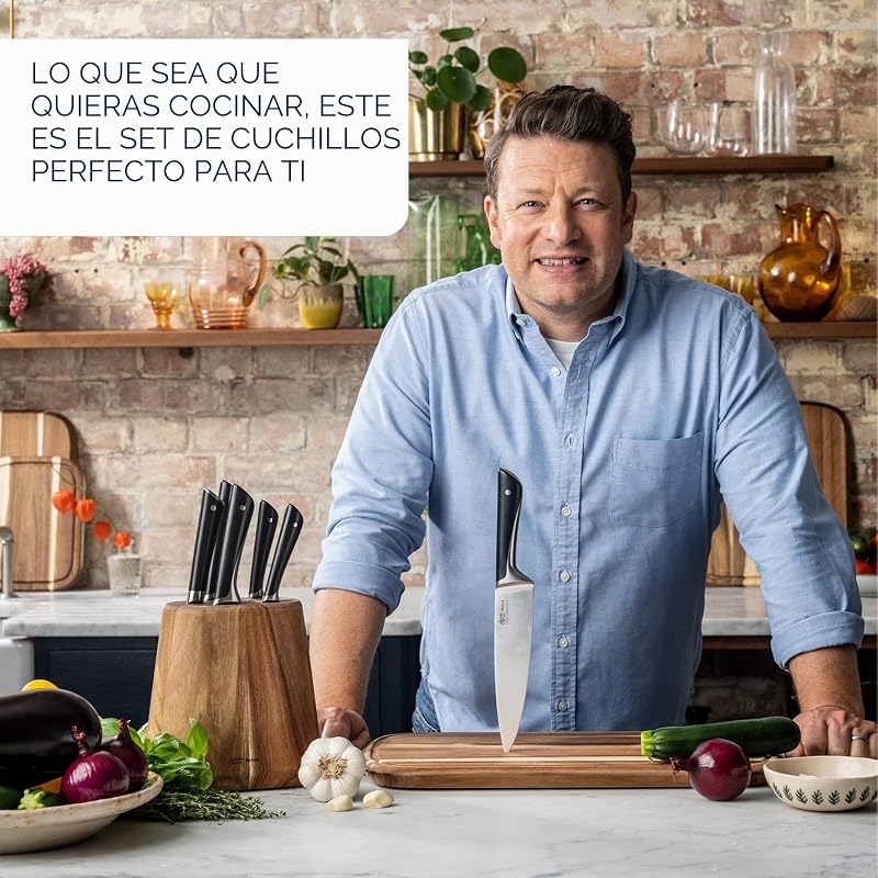 Jamie Oliver by K26715 - Cuchillo Santoku (16,5 cm, alto rendimiento de corte, diseño distintivo, cuchillas resistentes y duraderas, acero inoxidable), color negro