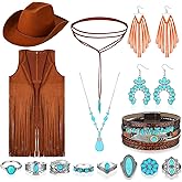 Xtinmee 15 Pcs Western Cowgirl Costume for Women 70s Faux Suede Tassels Fringe Vest Cowboy Hat Turquoise Jewelry Set
