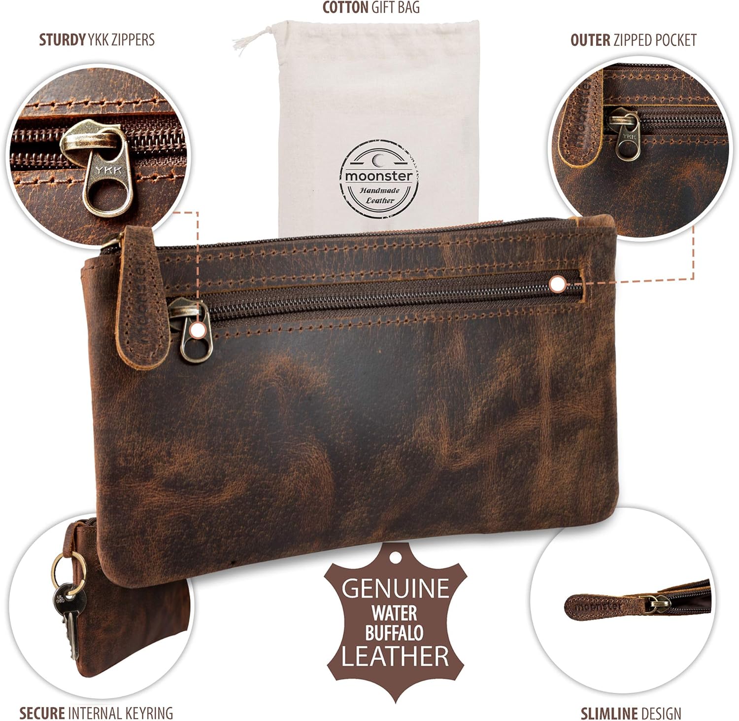 moonster Leather Pencil Case Pouch, Handcrafted Leather Pen Case with Zipper That’s Made to Last - Image 3