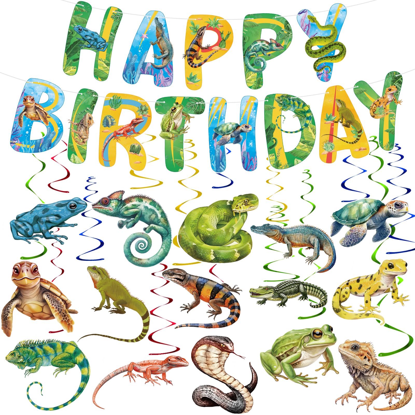 Photo 1 of Adecortalk Reptile Jungle Happy Birthday Banner and 15 Pcs Hanging Swirl Wildlife Snake Alligator Lizard Turtle Camping Wilderness Jungle Party Decorations