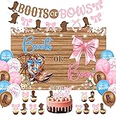 Boots or Bows Gender Reveal Decorations, 44 Pcs Gender Reveal Party Supplies with Boots or Bows Backdrop Banners Balloons Cake Cupcake Toppers Western Cowboy or Cowgirl Baby Shower Party Decorations