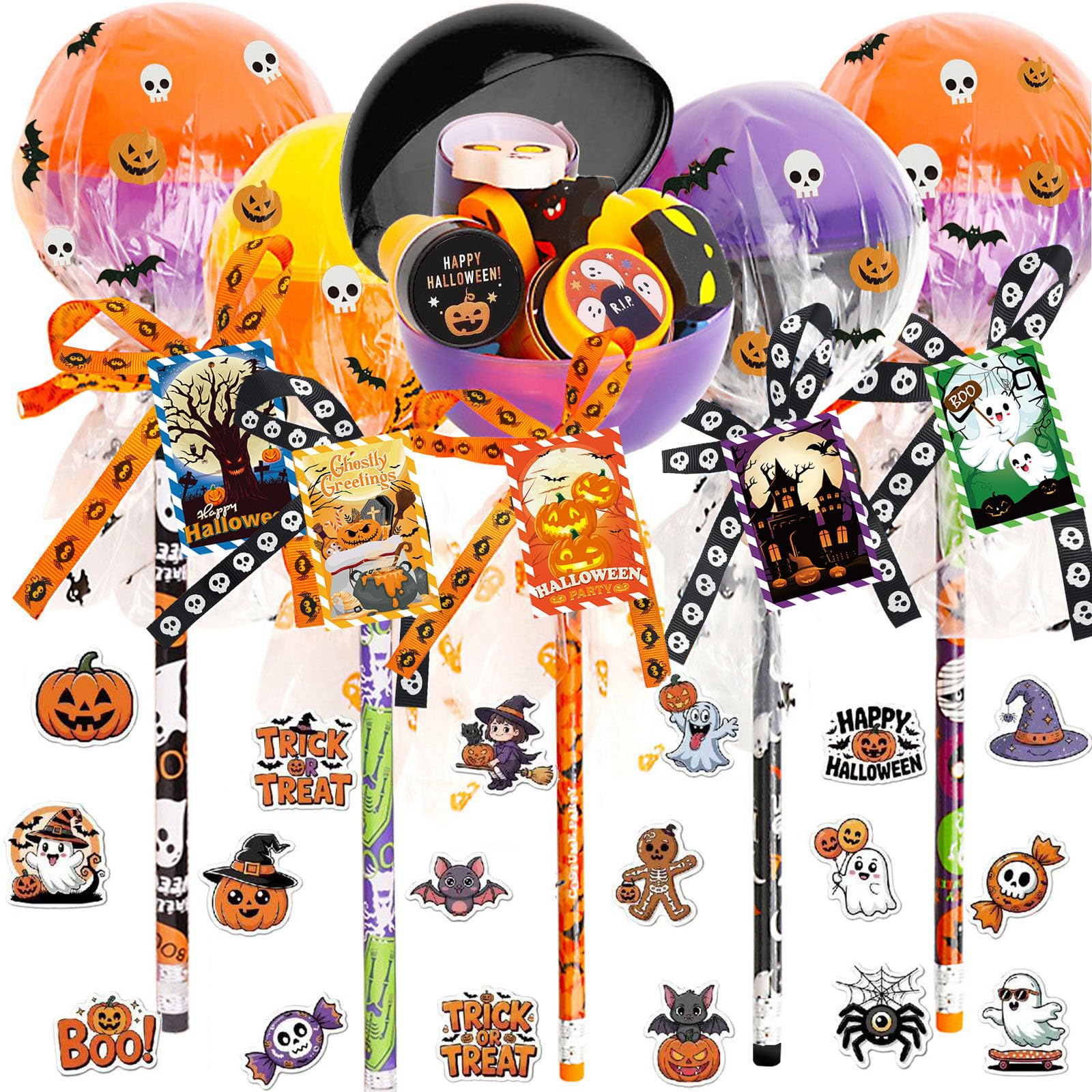 Photo 1 of 134Pcs Halloween Party Favors Gift Trick or Treat Container, Giant Lollipop with Gift Cards Pencils Stickers Erasers Stampers Bags Ribbons for Classroom School Exchange Party Favors