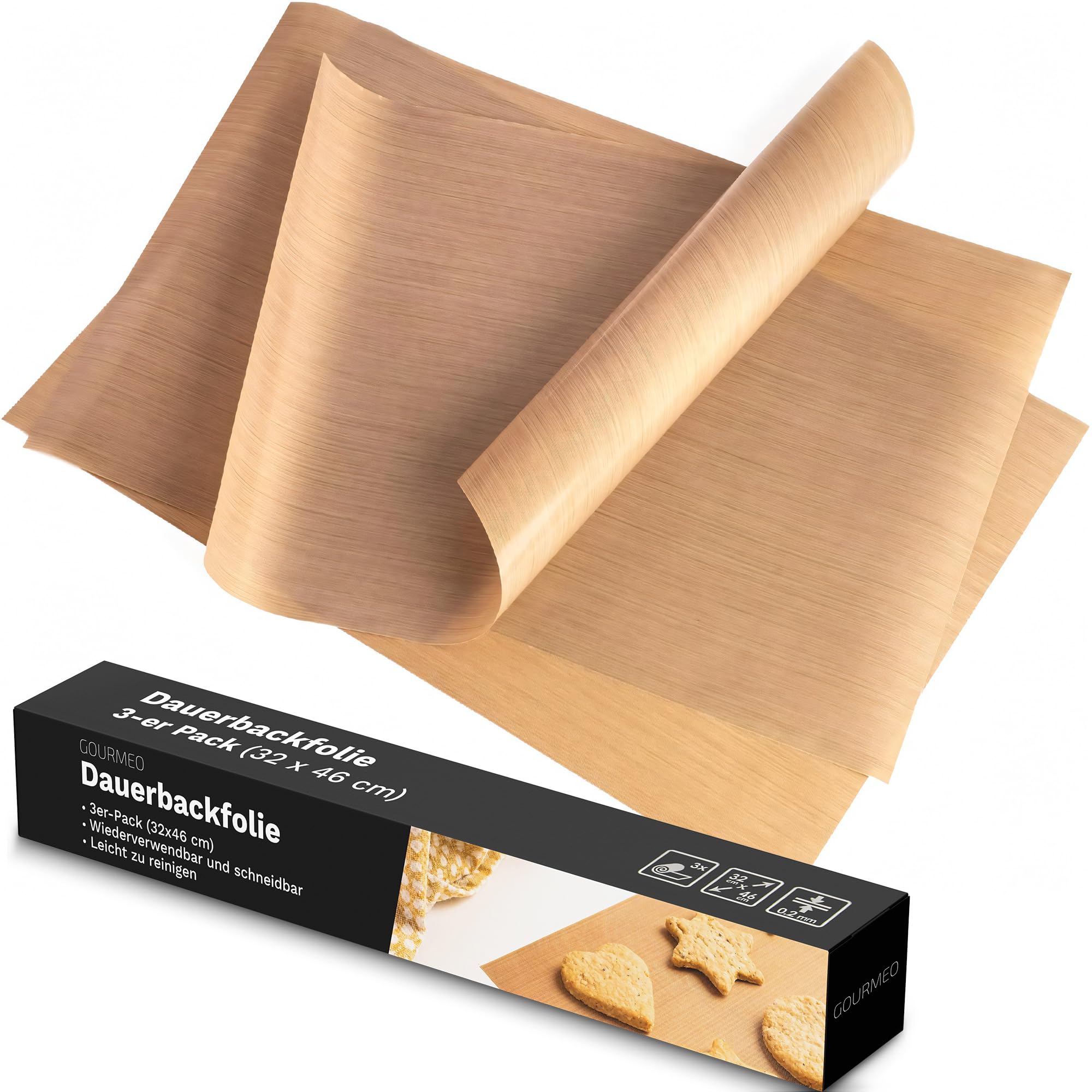 GOURMEO Non Stick Baking Sheet - Set of 3 - Heat-Resistant & Reusable Baking Mat Liners - 32 x 46 cm Oven Sheets for Kitchen Essentials