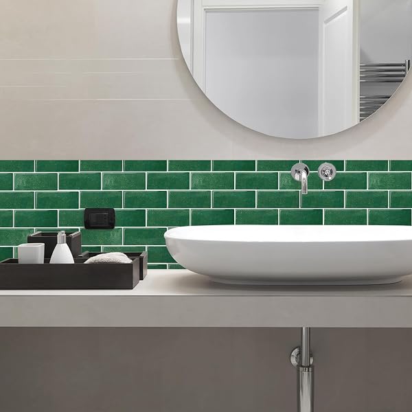 ARTEMURO 10-SHEETS PEACOCK GREEN SUBWAY TILES PEEL AND STICK BACKSPLASH TILE- 3D SELF ADHESIVE PEEL AND STICK BACKSPLASH FOR KITCHEN, BATHROOM – 12″X12″ STICKY MOSAIC WALL TILES