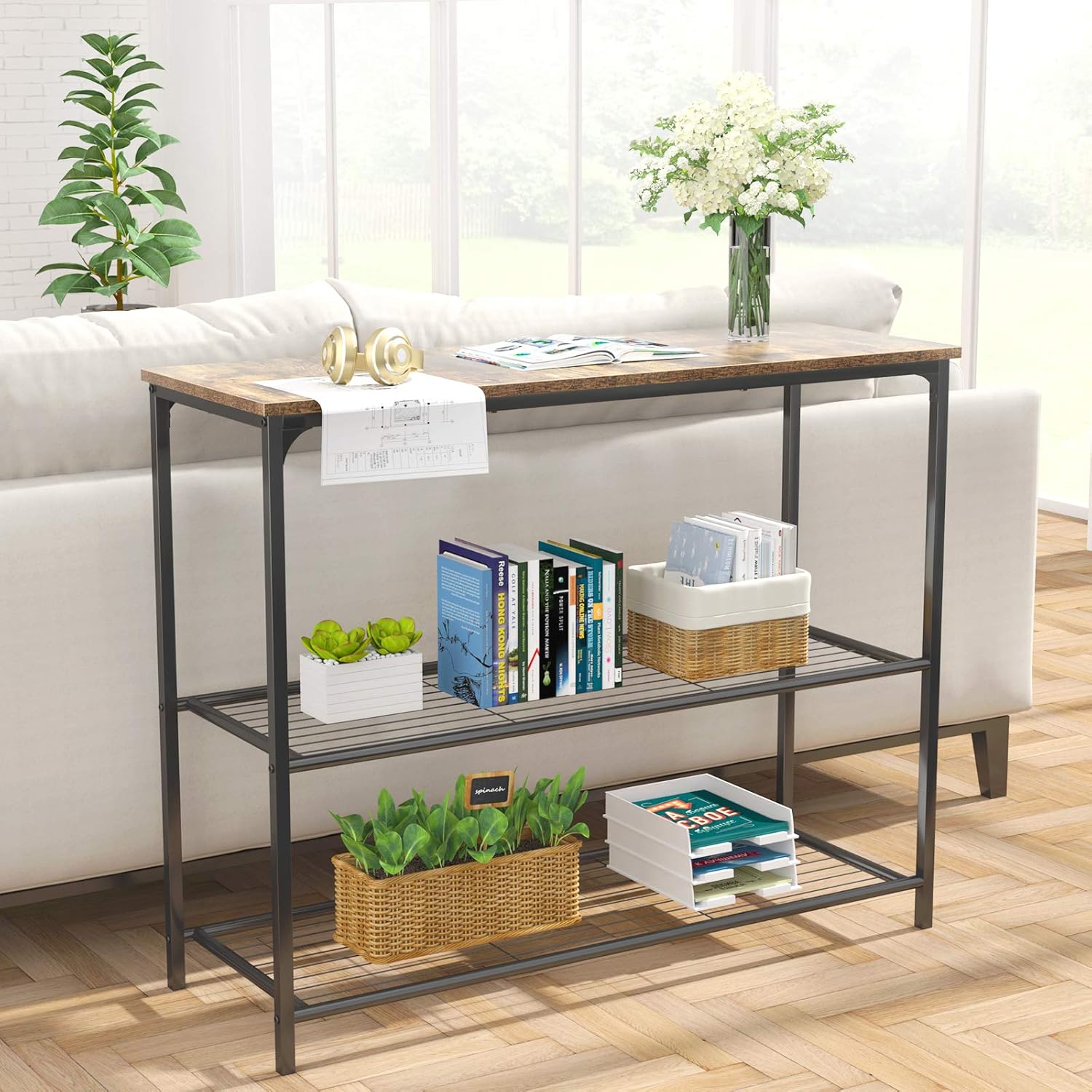 Ecoprsio Sofa Table Console Table with Double Mesh Shelves, Industrial Entryway Table Foyer Table for Entryway, Front Hall, Hallway, Sofa, Couch, Living Room, Coffee Bar, Kitchen, Rustic: Kitchen & Dining