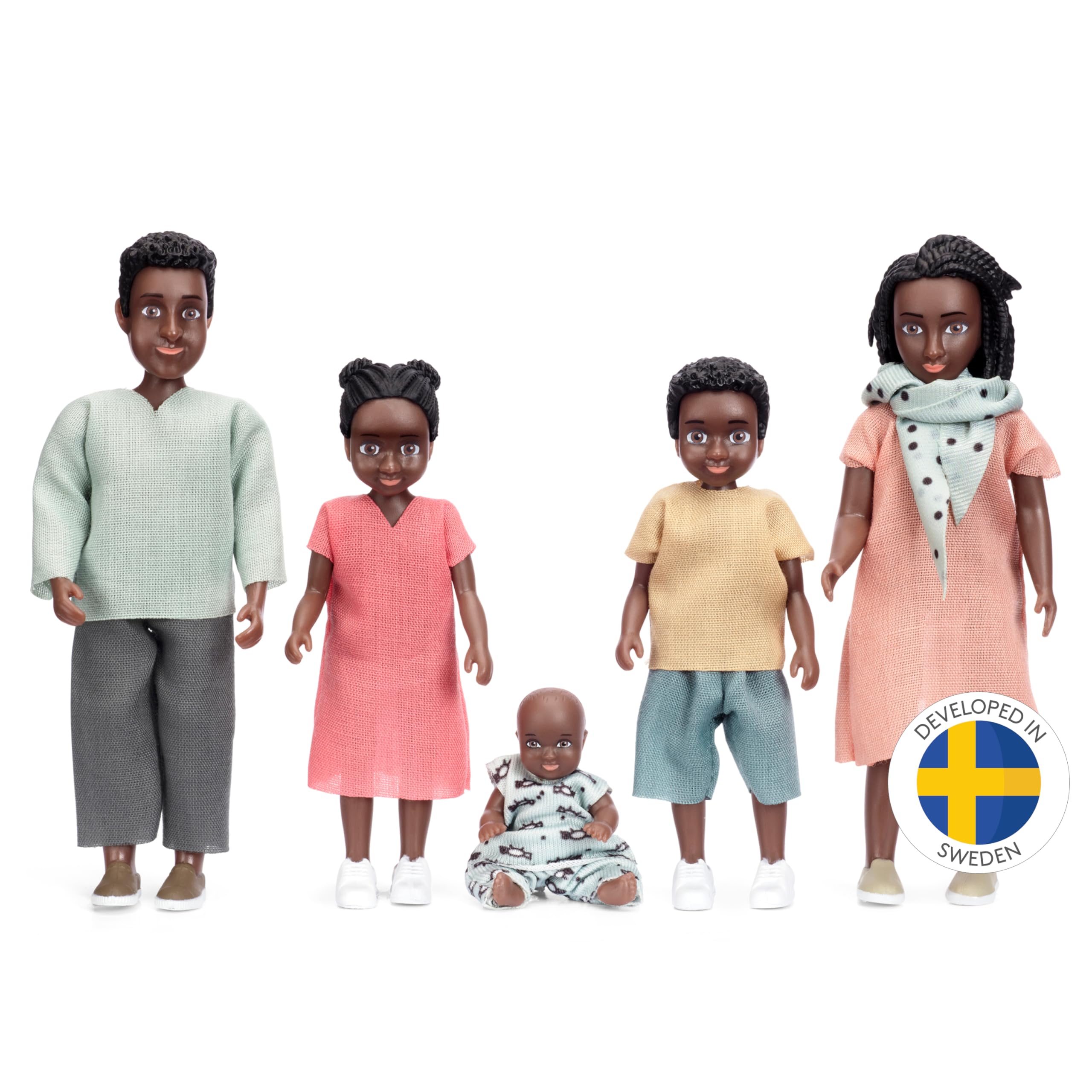 Lundby Dolls House People Family - Billie Dollhouse Family Set of 5 (2 Adults + 3 Children), Dolls House Furniture Accessories, Bendable Plastic Dollhouse People for Girls and Boys Age 3+,1:18