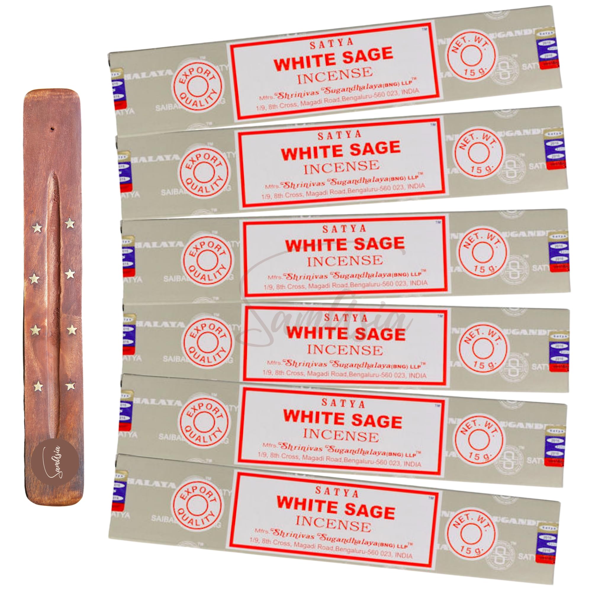 Satya Nag Champa White Sage Incense Sticks | x6 pack | with SAMASIA incense sticks holder | Used for Aromatherapy, Spa, Yoga, Weddings, Meditation, Healing, Positivity and Relaxation