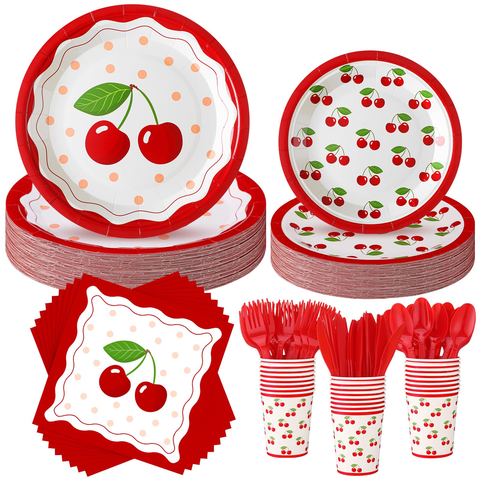 Photo 1 of Zhehao 168 Pcs Cherry Birthday Decorations Tableware Fruit Cherry Theme Baby Shower Tableware Set for 24 Guests Paper Plates and Napkins Cup Knife Fork and Spoon